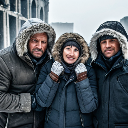 Home 10 **
A group of fully clothed survivors in a blizzard, huddled together for warmth. They are wearing thick winter clothing, appropriate attire, and fur-lined hoods. In the background are the ruins of a frozen city. Focus on their faces, showing determination and resilience. Safe for work, family-friendly, perfect anatomy, correct proportions, natural pose, well-formed hands, proper finger count, natural body proportions, professional.
**