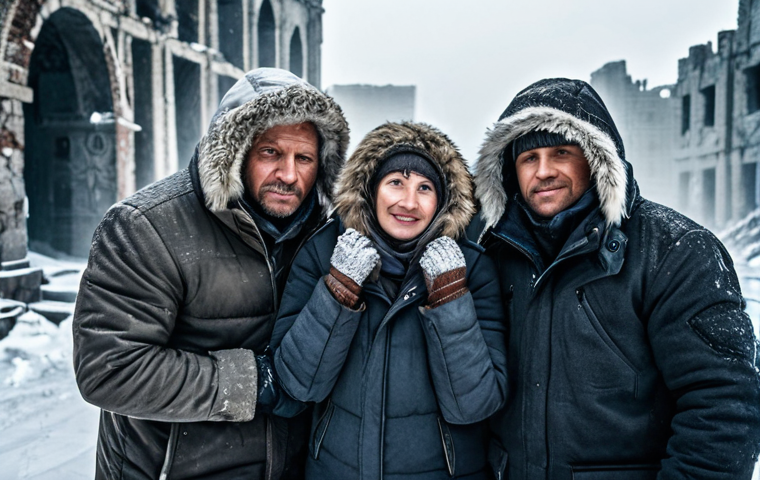 **
A group of fully clothed survivors in a blizzard, huddled together for warmth. They are wearing thick winter clothing, appropriate attire, and fur-lined hoods. In the background are the ruins of a frozen city. Focus on their faces, showing determination and resilience. Safe for work, family-friendly, perfect anatomy, correct proportions, natural pose, well-formed hands, proper finger count, natural body proportions, professional.
**
